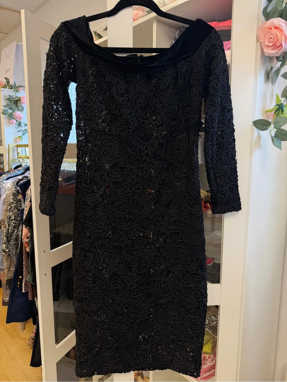 Anne Fontaine Lace Embroidered Semi Sheer Dress Velvet Collar Black Sz 38 US 4 6